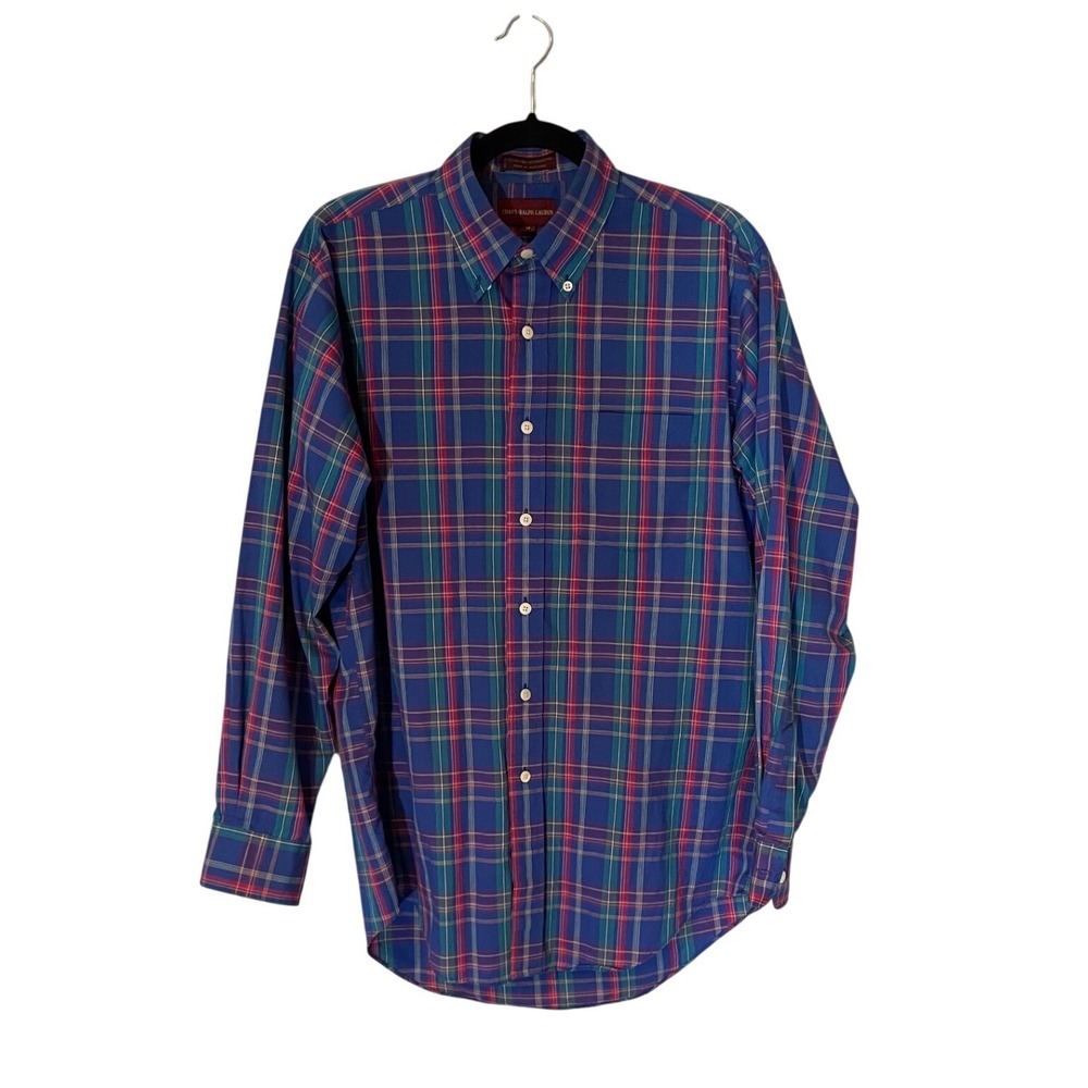 Chaps Ralph Lauren Plaid Button Down Shirt Blue Red Green Men's Size M Retro
